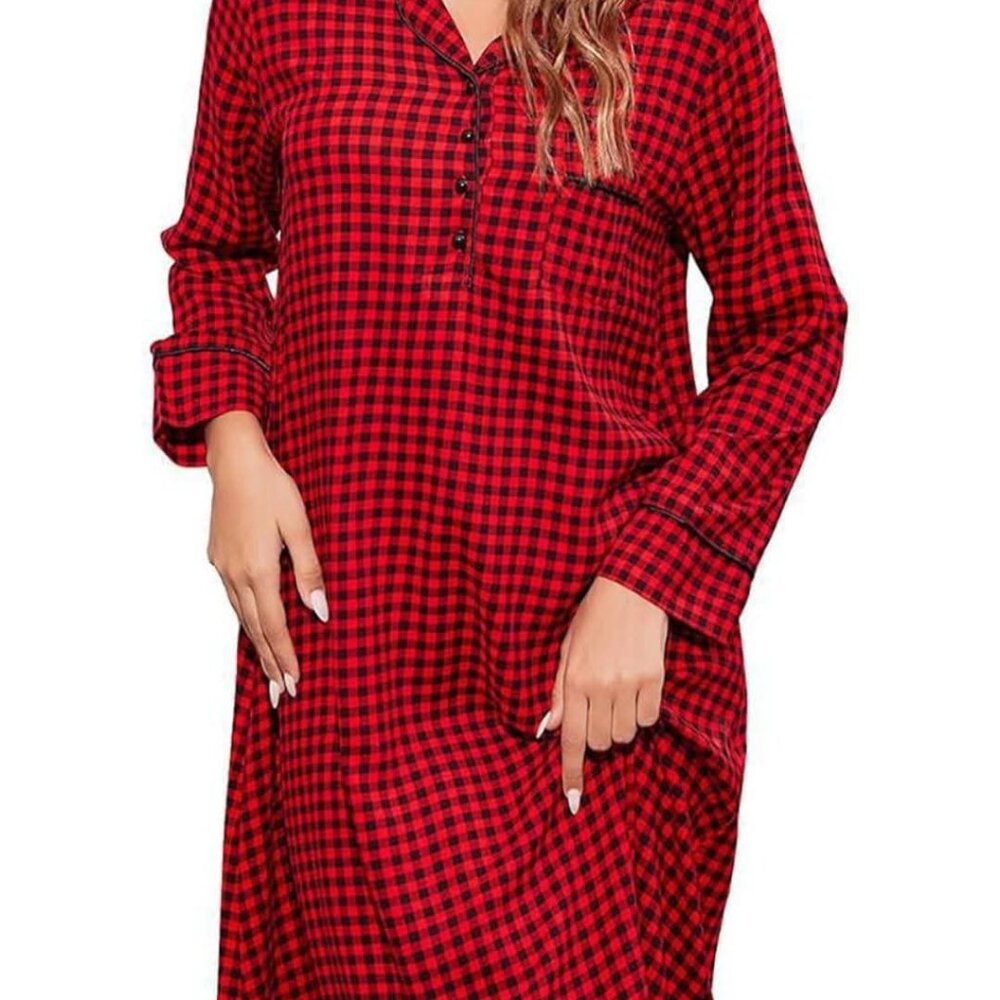 NEW Womens Long Sleeve Nightgown Lapel Button Closure Red Loose Plaid Design Hom